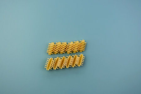 The halves of Pasta radiatore are interconnected. Pasta is laid out in a row on a blue background.の写真素材