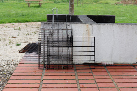 Metal grills for barbecue on the terrace of a private house. close up of metal grid for grill.の写真素材