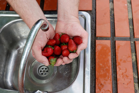 Male hands washing strawberries in the kitchen sink. selective focus.の写真素材