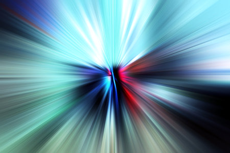 Abstract radial zoom blur surface of blue, gray and red tones. Gloomy background with radial, radiating, converging lines.の写真素材