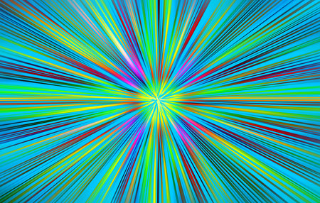 Abstract radial zoom blur surface of in acid yellows, greens and pinks on a light blue background. Colorful neon background with radial, radiating, converging lines.の写真素材