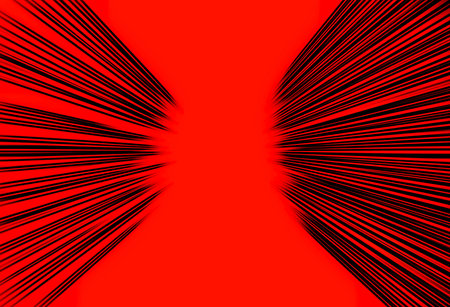 Abstract radial zoom blur surface of in black colors on a red background. Bright bicolor background with radial, radiating, converging lines.の写真素材
