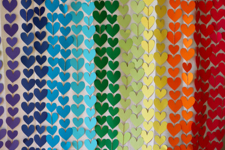 Multicolored paper hearts. Background of big and small hearts.の写真素材