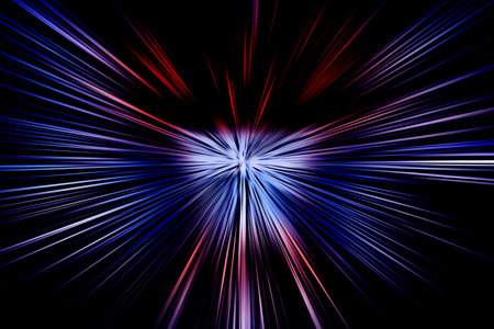 Abstract radial zoom blur surface of in blue, lilac and red tones on a black background. Spectacular background with radial, radiating, converging lines.の写真素材