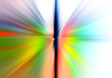 Abstract surface of radial zoom blur in green, orange and blue tones. Bright gentle background with radial, diverging, convergent lines.の写真素材