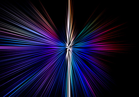 Abstract surface of blur radial zoom in lilac, blue, pink colors on a black background. Bright colorful background with radial, diverging, convergent linesの写真素材