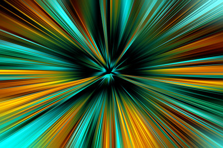 Abstract surface of radial zoom blur in turquoise, yellow, black tones.Bright spectacular background with radial, diverging, converging lines.の写真素材
