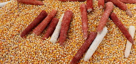 Close-up of Corn grains and cobs. Food background.の写真素材