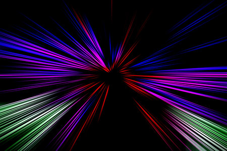 Abstract surface of blur radial zoom in lilac, red and green tones on black background. Colorful spectacular background with radial, diverging, converging lines.の写真素材