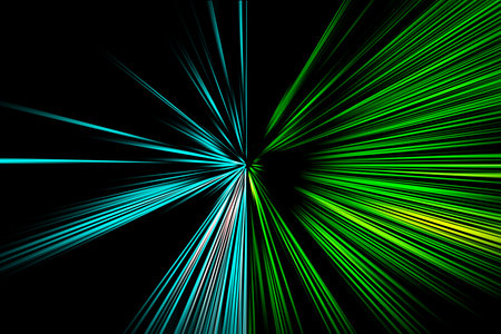 Abstract surface of blur radial zoom in blue and green tones on black background. Colorful spectacular background with radial, diverging, converging lines.の写真素材