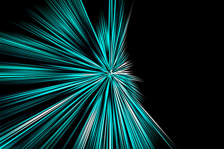 Abstract surface of radial zoom blur in light blue tones on black background. Bright abstract background with blue rays, starburst, radial, diverging, converging lines.の写真素材