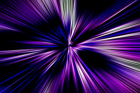 Abstract surface of radial zoom blur in dark blue and lilac tones on black background. Bright glowing background with radial, diverging, converging lines.の写真素材