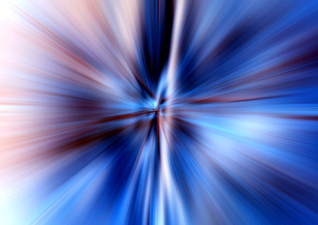Abstract surface of radial blur zoom in deep blue and coral tones. Calm blue background with radial, diverging, converging lines.の写真素材
