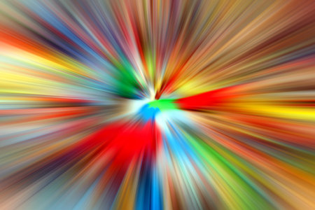 Abstract radial zoom blur surface of blue, orange and red tones. Bright colorful background with radial, radiating, converging lines.の写真素材