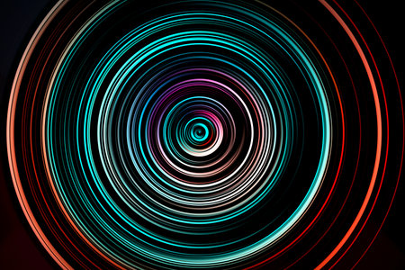 Abstract radial motion blur in red, turquoise, pink tones .Colorful bright concentric circles in the form of a whirl background texture, radial blur, abstract twist, funnelの写真素材