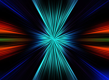 Abstract surface of radial zoom blur in blue, red and green colors on a black background. Vibrant backdrop featuring dynamic radial lines that diverge and converge in a striking geの写真素材