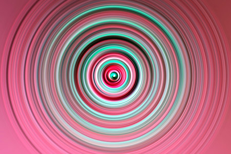 Abstract circular pattern with vibrant concentric rings in shades of pink, turquoise, and red. Hypnotic radial design with a sense of depth and motion, ideal for use in psychedelicの写真素材