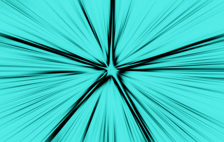 Abstract surface of radial blur zoom with dynamic black lines converging at the center on a bright cyan background. High-speed motion effect, futuristic and energetic composition.の写真素材