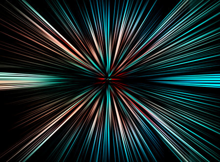 Abstract surface of radial blur zoom in coral and blue tones. Dynamic light streaks converging to the center on a black background. Futuristic motion, speed, and energy concept.の写真素材