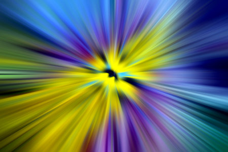 Abstract burst of colorful radial light beams in blue, yellow, and purple tones, creating a dynamic motion blur effect and futuristic energy background.の写真素材