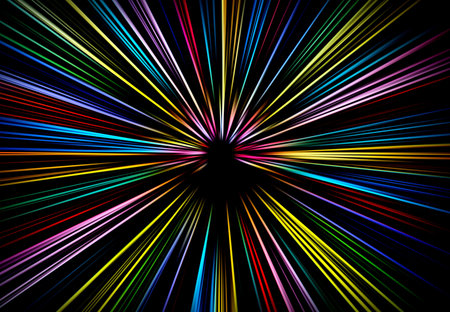 Abstract surface of radial blur zoom in pink, yellow, blue, tones on a black background. creating...