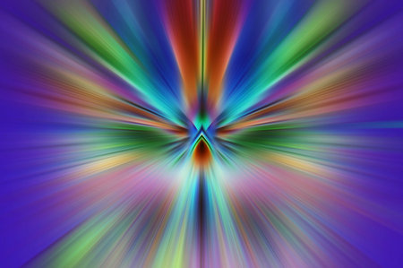 Abstract radial zoom blur, vibrant rainbow light rays in purple, blue, green, red and yellow converging to a glowing center on soft violet background. Dynamic motion, colorful enerの写真素材