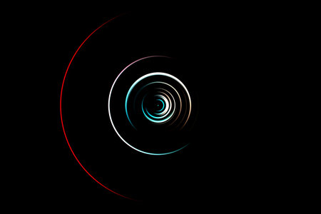 Abstract radial motion blur with red, white glowing concentric rings creating a dynamic vortex...