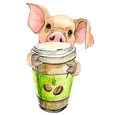 pigs holding a glass of coffee in its hooves. to drink coffee. Isolated over white backgroundの写真素材