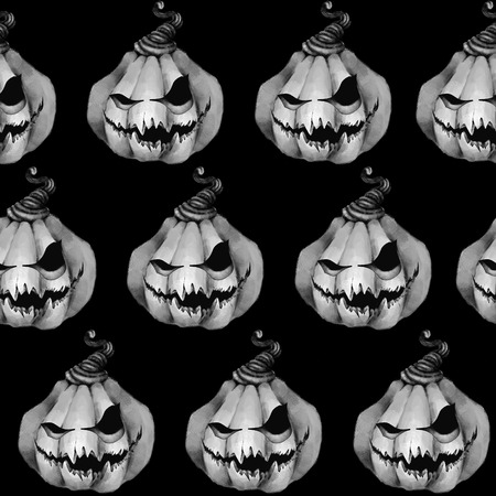 Seamless pattern with pumpkin. Halloween black and white texture. Horrible, terrible faces.の写真素材