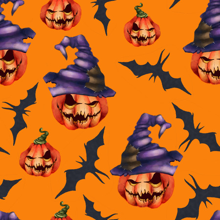 Seamless pattern orange pumpkin in a hat, bat on a yellow background. Halloween Horror is an ominous nightmare.の写真素材