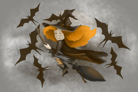 A little cute witch on a broomstick with bats Flies in the fog. halloween. brown sepiaの写真素材
