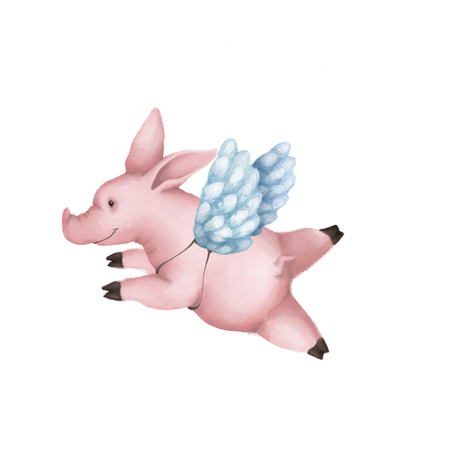 Cute pink pig with angel wings. Isolated on white background. symbol 2019の写真素材