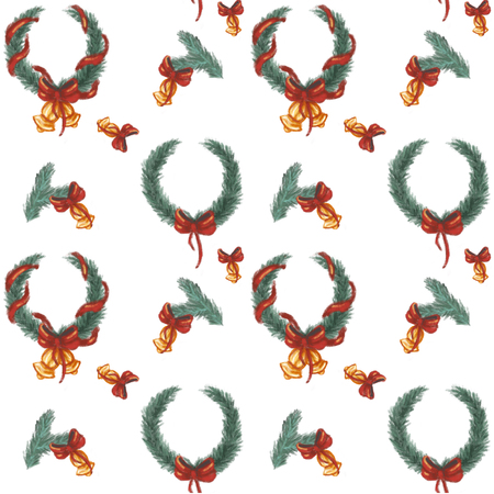 Christmas fir wreath with red ribbon and a bell. Seamless pattern on a white background.の写真素材
