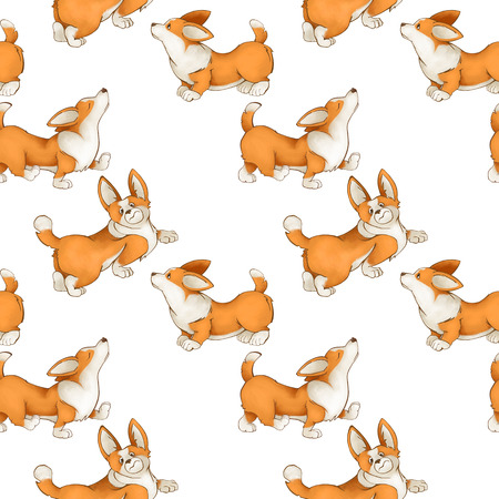 Seamless pattern with red cute dogs. Corgi puppies on a white background. setの写真素材