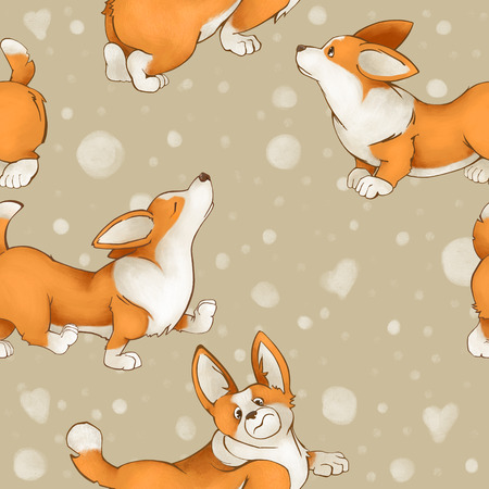 Seamless cute pattern with dogs of breed corgi. Summer mood with puppies on a light beige background.の写真素材