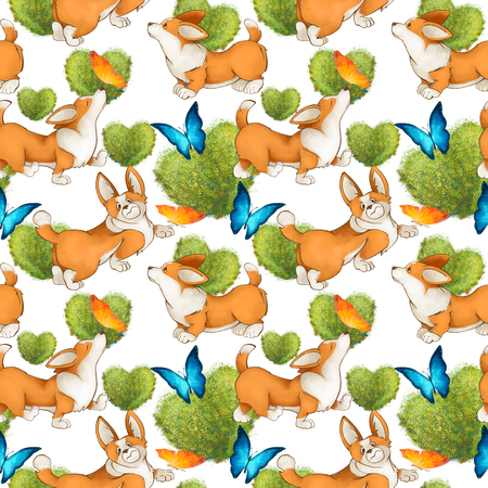 Seamless pattern with red cute dogs. Corgi puppies on a white background. butterflies and green leaves. natureの写真素材