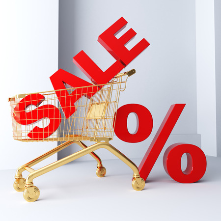 3D render the word SALE in a golden cart. Sale in the store on a white background.の写真素材