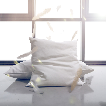 3d render Pillows and feathers on the background of the window. The sun shines brightly. Template for advertising.の写真素材