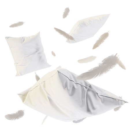 3d render Pillows and feathers in the air. Isolated on white background.の写真素材
