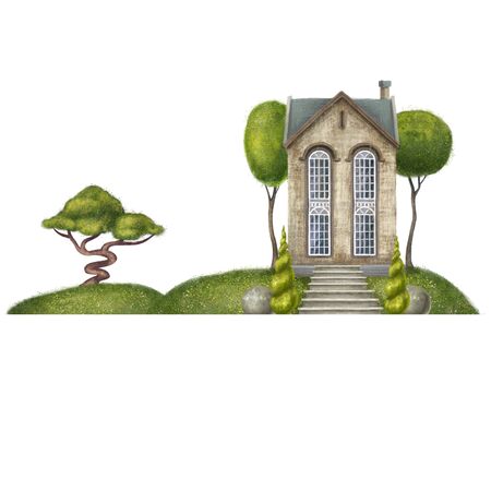 Architectural composition with a landscape. Old mansion in the trees. Isolated on white background.の写真素材