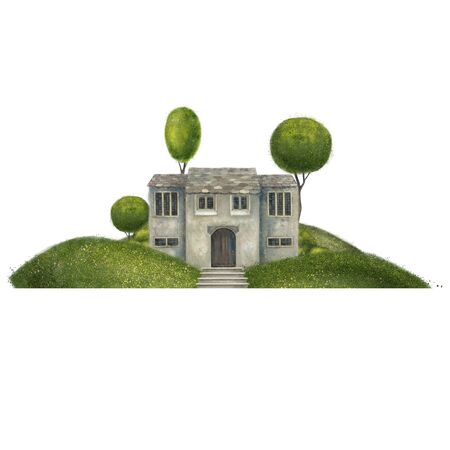 Gray ancient building on the hills. Mansion in the trees. Architectural composition isolated on white background. haciendaの写真素材