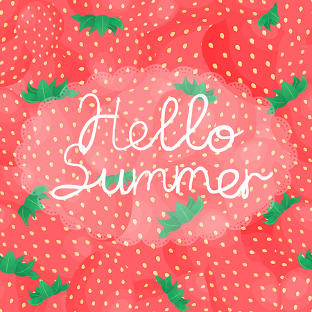 Vector illustration with inscription Hello Summer on strawberry background. Template for poster, web banner or card and flyer etc.のイラスト素材