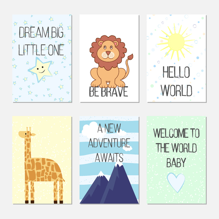 Birthday cards with quotes, cartoon leo and giraffe for baby boy and kids. Dream big little one. Be brave. Hello world. A new adventure awaits. Welcome to the world baby. Can be used for baby shower and birthday or party invitation.のイラスト素材