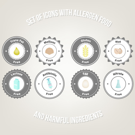 Set of badges for allergens. Trans fat, mollusk, lactose, gluten, nut, antibiotic, nitrate, egg free. Healthy lifestyle concept. Also can be used for vegan, vegetarian and dietary products and packaging Design.のイラスト素材