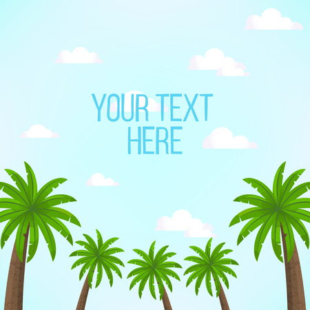 Scene with blue sky and palm trees with place for text. Bright vector illustration with sky and clouds, and coconut palms front.のイラスト素材