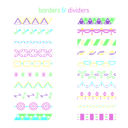 Color borders. Set of different decorative vector elements. Borders, page decorations and dividers. Vector design elements isolated on white background.のイラスト素材