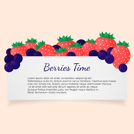 Vector illustration with strawberries, currant and white sheet paper space for text. Template for poster, web and advertising banner, article about health, wedding invitation, business, card or flyer.のイラスト素材