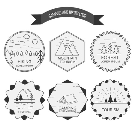 Vector illustration of outdoor activity symbol for campers, hiking. Set of six circle icon or logo in line style, Isolated. Adventure outdoor label and trip symbols. Hiking logo.For travel agency, and tour brochure, banner. Wild life concept.のイラスト素材
