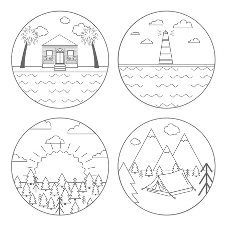 Vector illustration of outdoor activity symbol for campers, hiking. Set of four circle icon or logo in line style, Isolated. Adventure outdoor label and trip symbols. For travel agency, and tour brochure, banner.のイラスト素材