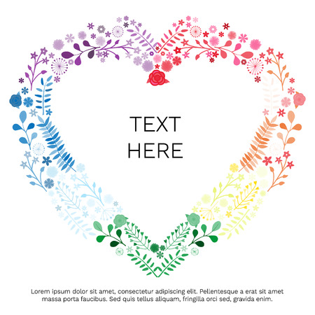 Heart composite from multi-colored flowers on white background and inscription Your text here. It can be used for greeting card, print on clothes, holiday invitation to the feast, banner, poster. Vector illustration, eps10のイラスト素材